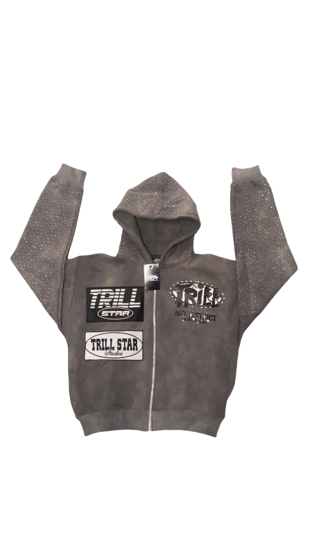 GREY “ART DISTRICT” RHINESTONE ZIP UP